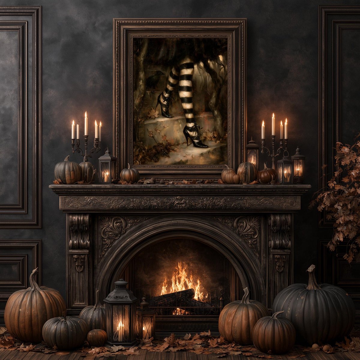 Festive fireplace banked with pumpkins and candlelight under the witch legs print