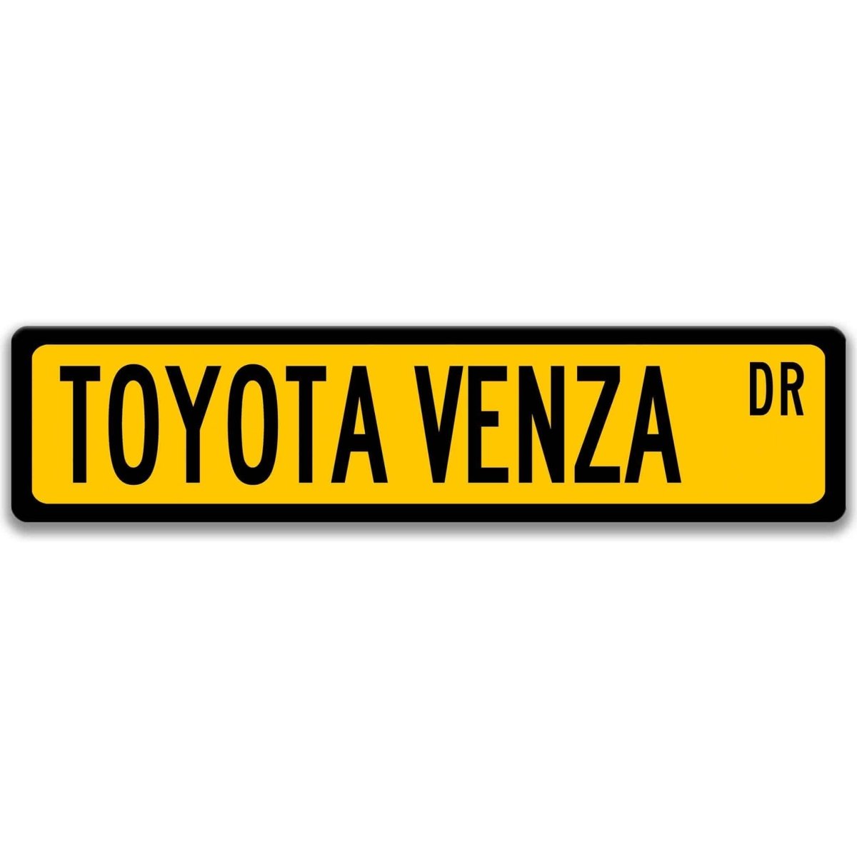 Yellow metal street sign with black text reading TOYOTA VENZA DR