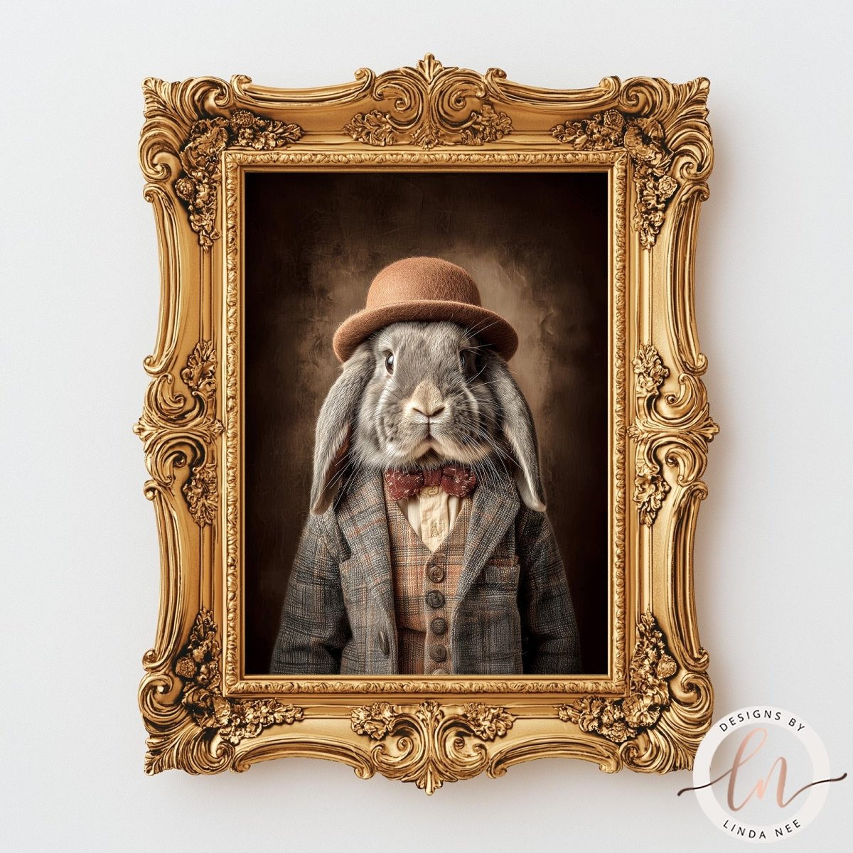 A portrait of a rabbit wearing a hat and a suit, displayed in an ornate gold frame.