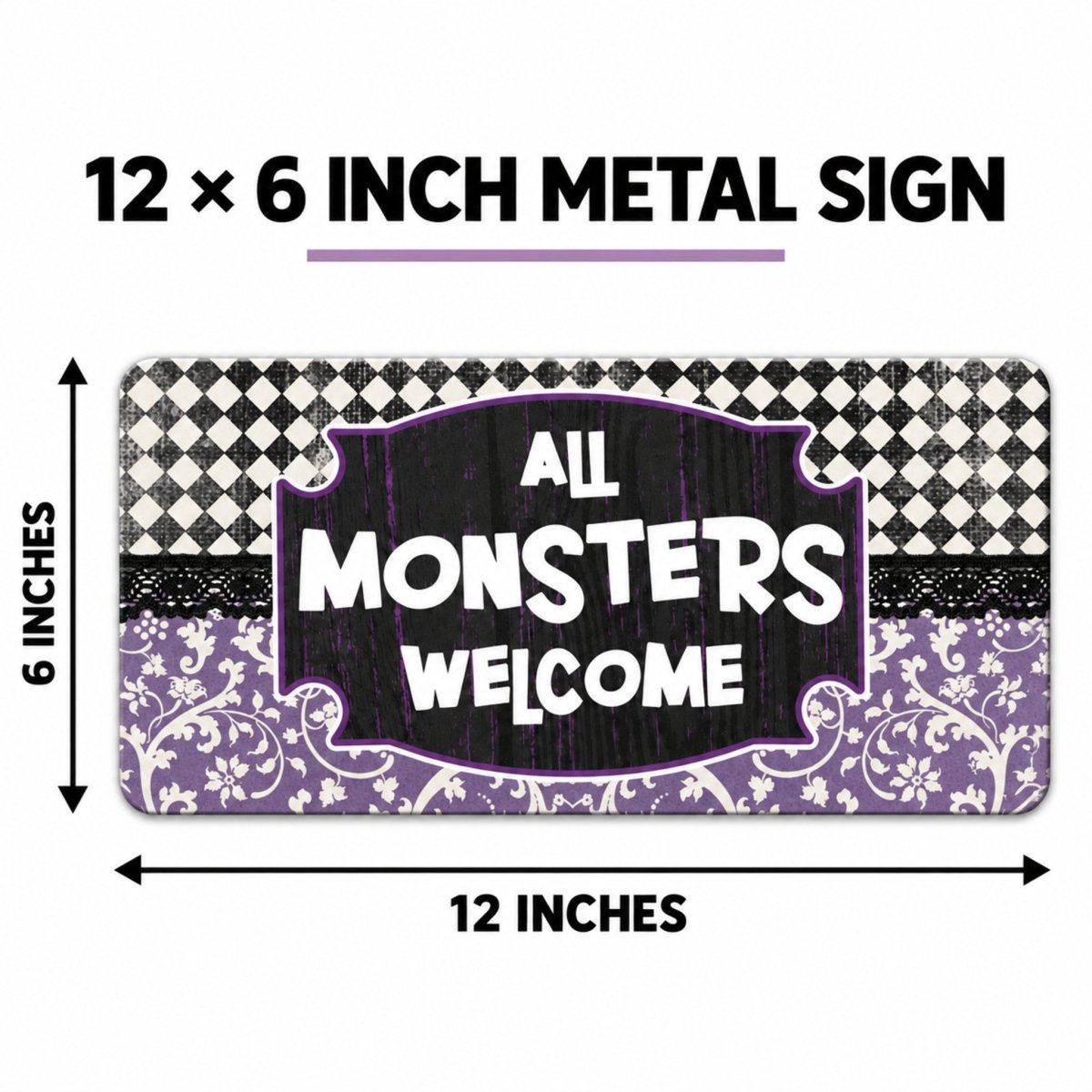 Purple All Monsters Welcome sign size guide, 6 x 12 inches