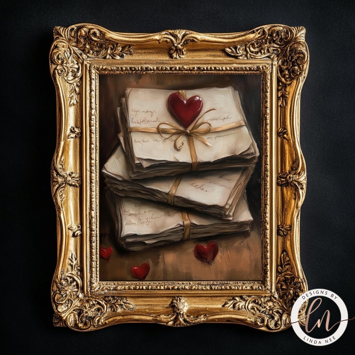 Aged bundle of love letters tied with a gold ribbon and heart
