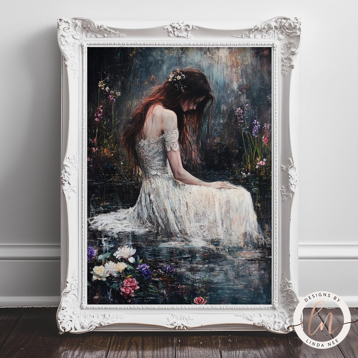 A painting of a woman in a white dress sitting in a pond surrounded by flowers, with a dark background.