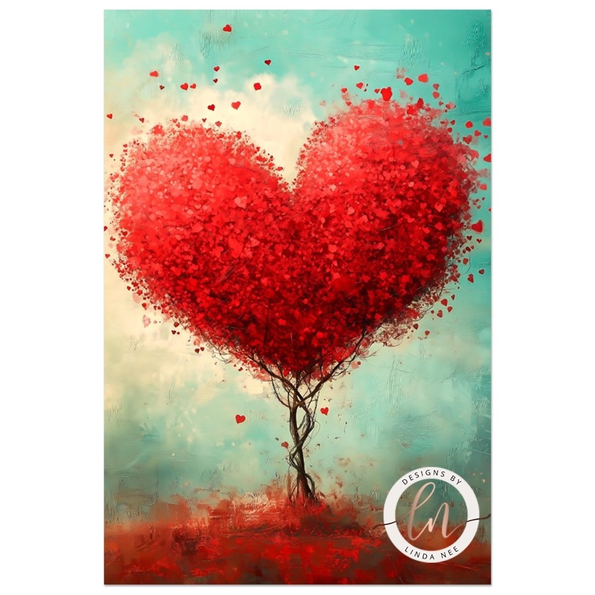 Heart tree artwork with drifting heart shaped petals