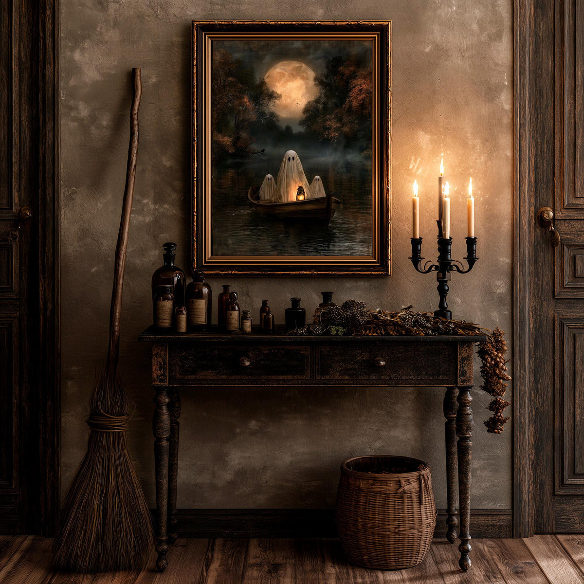 Gothic ghost painting above a candlelit table with apothecary bottles and a broom