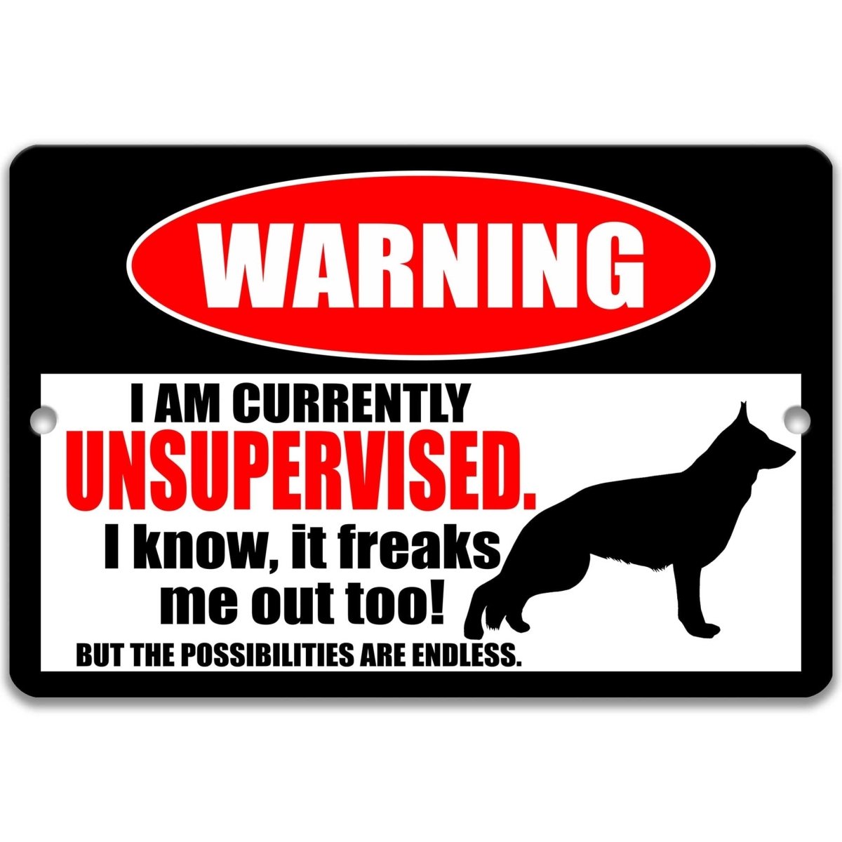 German Shepherd warning metal sign, German Shepherd dog silhouette beside bold red WARNING lettering, 'not responsible for injury or possible death'