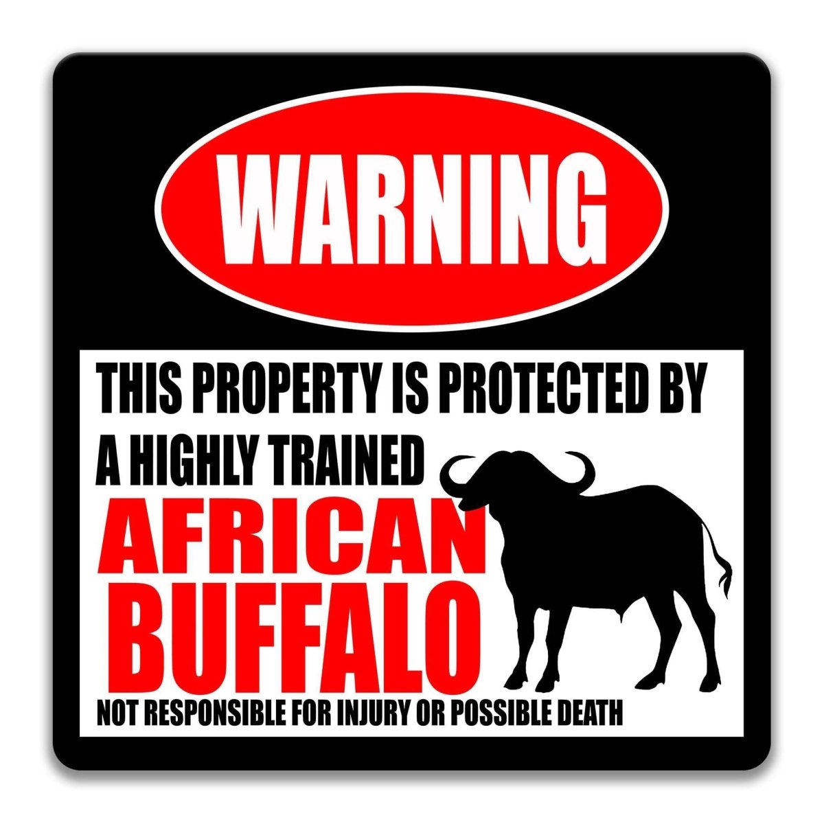 Square African buffalo warning metal sign, black background with red WARNING banner and buffalo silhouette