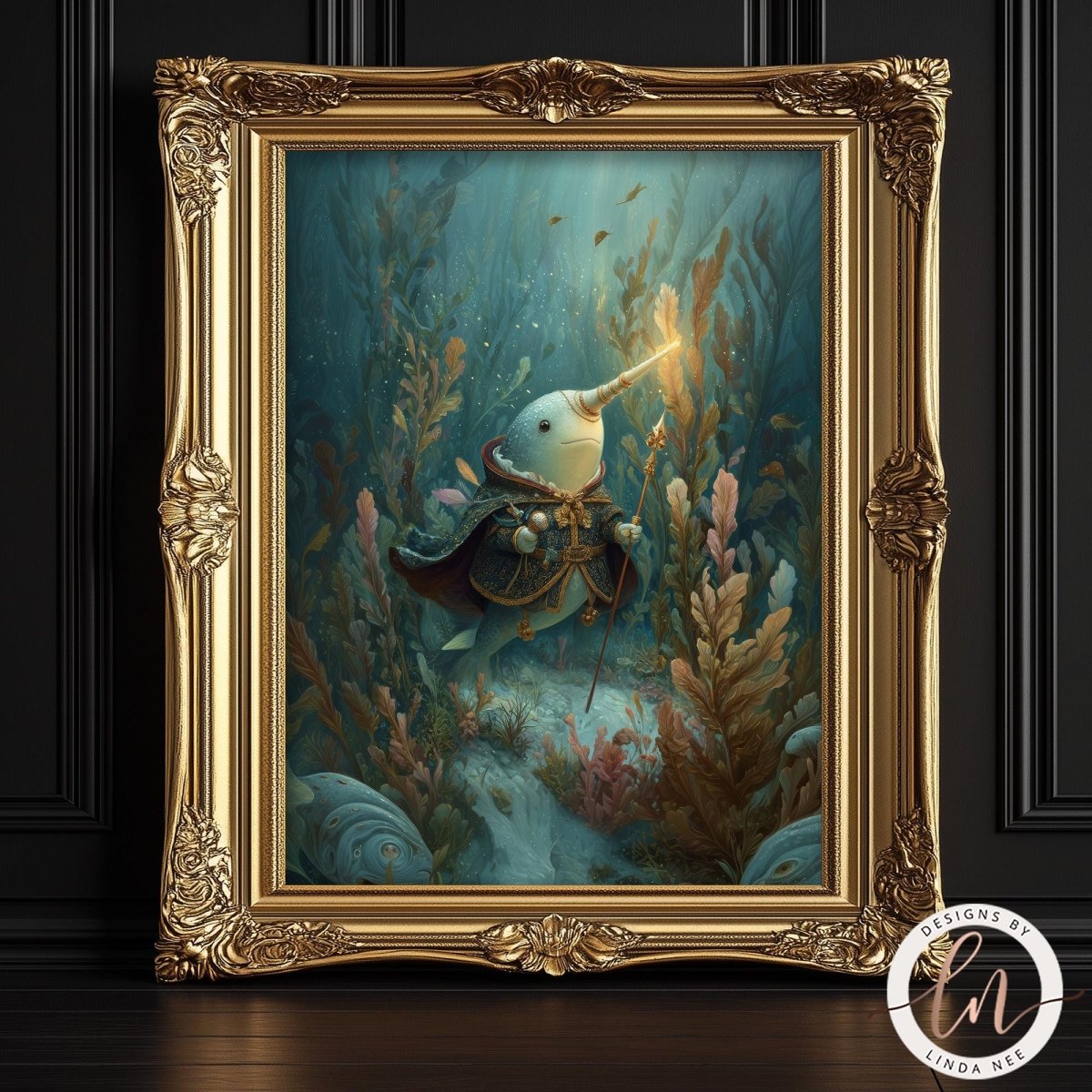 The image is a painting of a fantastical creature, possibly a mermaid or sea monster, surrounded by a lush underwater environment with vibrant colors and intricate details.