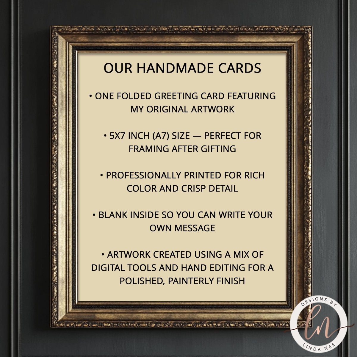 Product spec card: folded 5x7 (A7) art greeting card, blank inside, richly printed with crisp detail