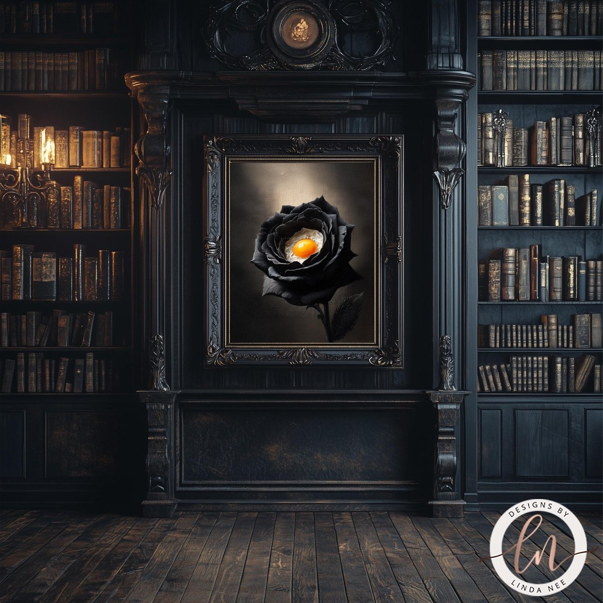 a dark, ornate room with a large, framed black rose as the focal point. The room is filled with bookshelves, creating a cozy and intellectual atmosphere.