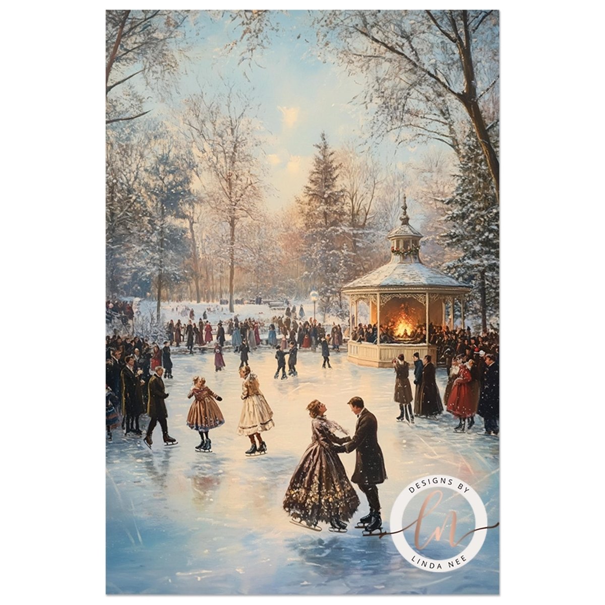 People in Victorian era dress ice skating on a frozen pond by a gazebo