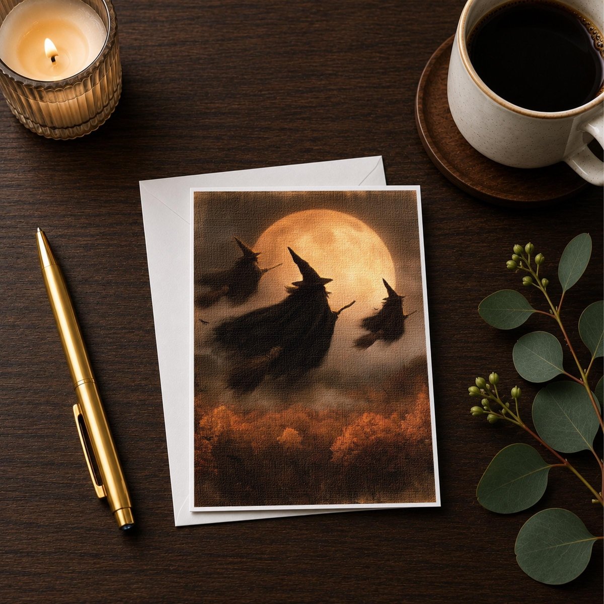 Three witches Halloween note card showing the full moonlit sky over a dark forest