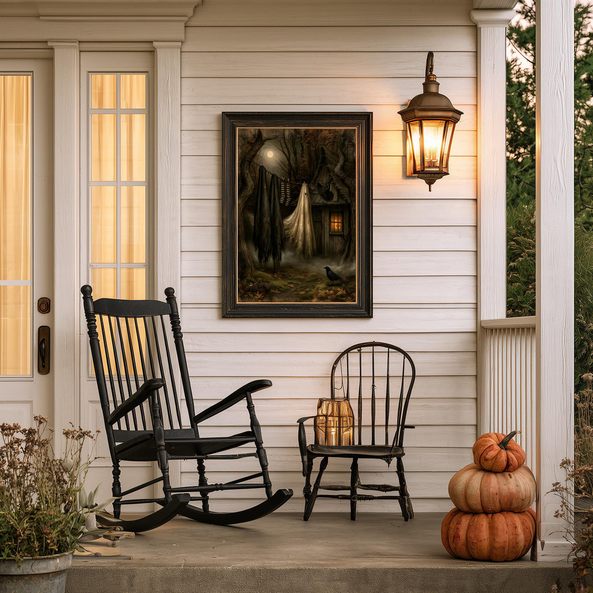 Covered porch with stacked pumpkins, a rocking chair, and the witchcore print above