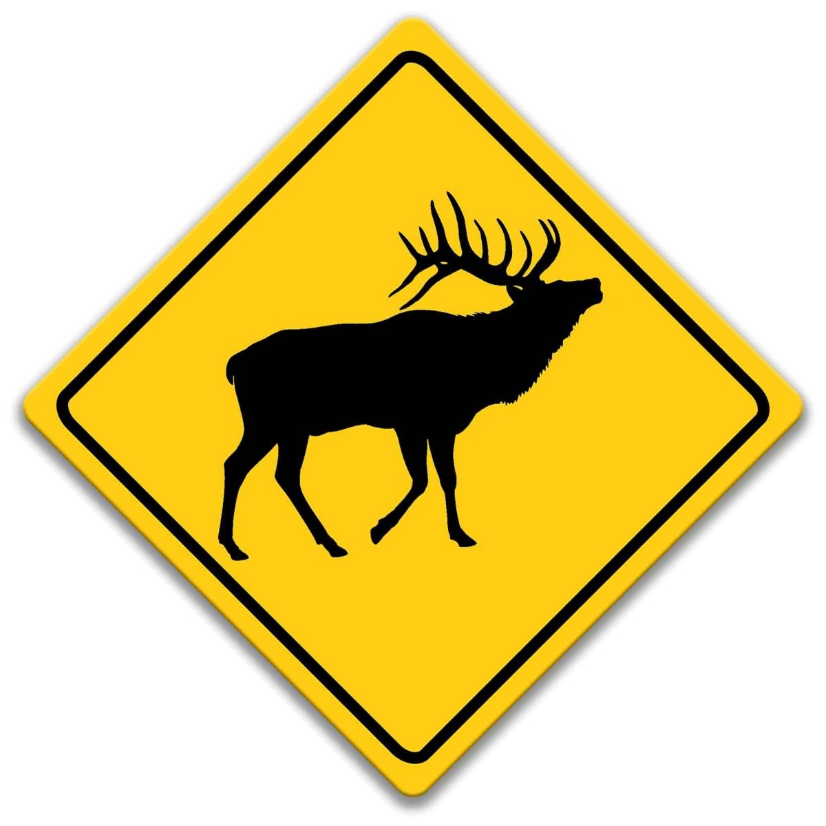 A yellow diamond-shaped road sign with a silhouette of a deer or elk in the center.