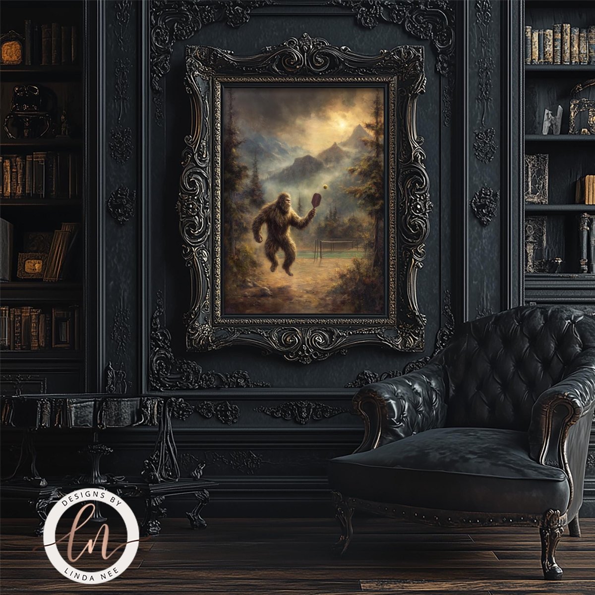 a large painting of a humanoid creature, possibly a Sasquatch, in a dark, ornate frame, hanging on a wall in a room with a leather chair and bookshelves.