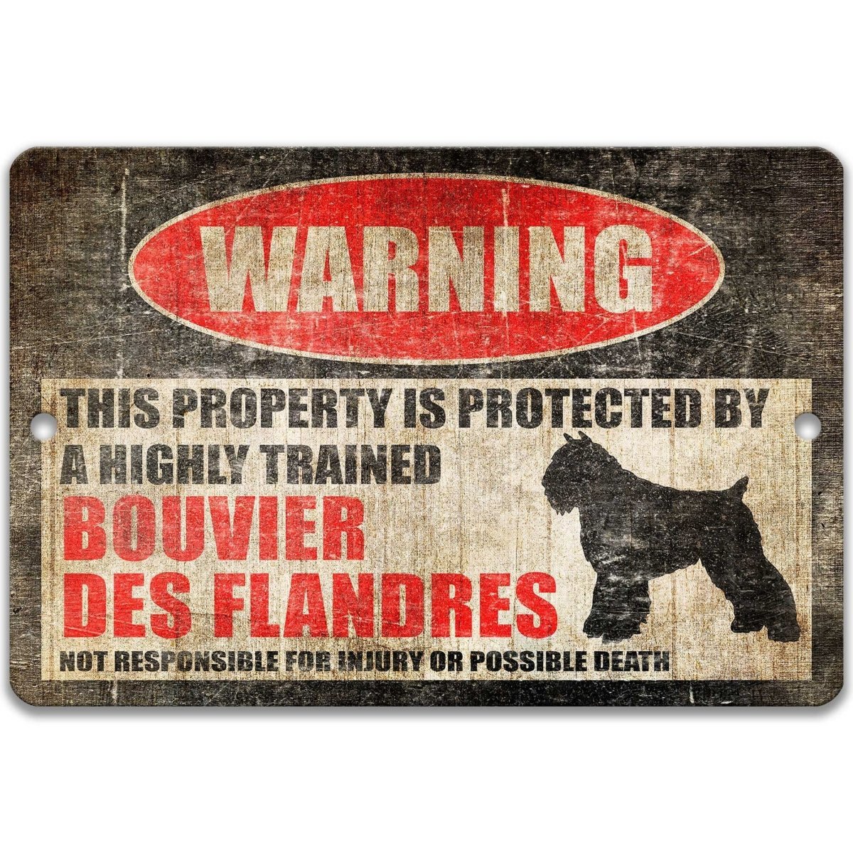 Bouvier des Flandres warning sign, red WARNING oval, this property is protected by highly trained Bouvier des Flandres, with Bouvier des Flandres dog silhouette