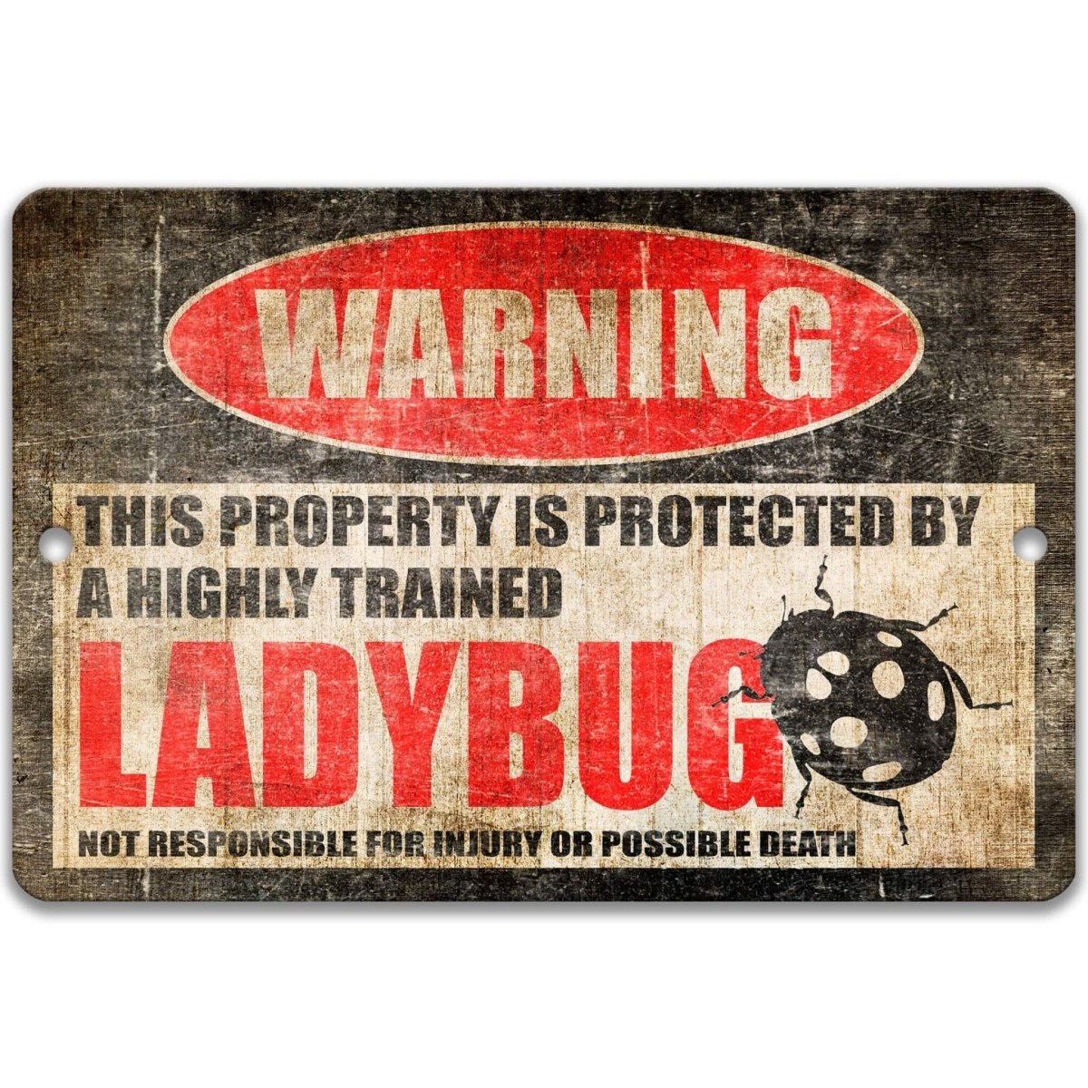 Ladybug warning metal sign, glossy black, red WARNING oval and round ladybug silhouette