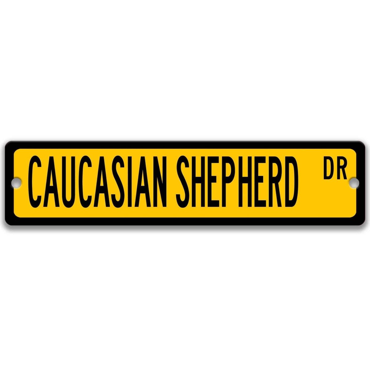 Yellow Caucasian Shepherd DR aluminum street sign with black lettering