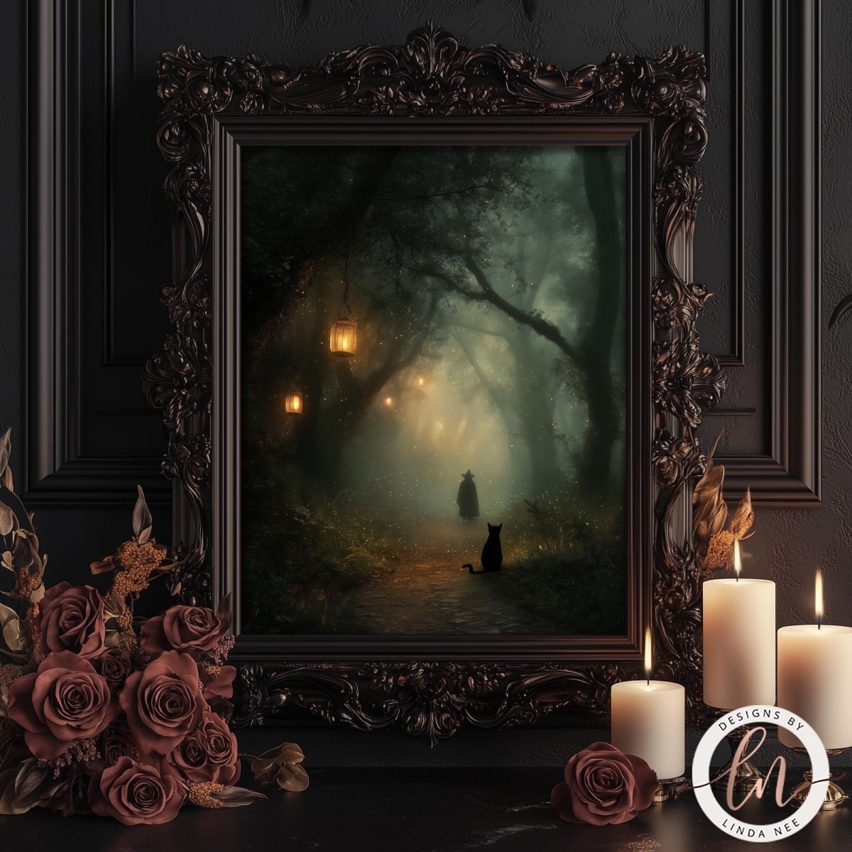 A moody fine art image of a dark, foggy forest path at night. Glowing lanterns hang from twisted tree branches, illuminating a shadowy figure in a witch's hat walking into the distance. A black cat sits in the foreground, facing away and looking down the path. Light sparkles like fireflies are scattered throughout the misty air.