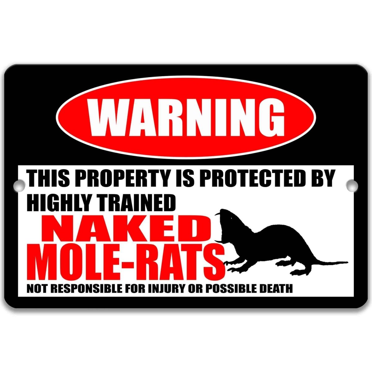 Naked mole-rat warning metal sign, glossy black, red WARNING oval and mole-rat silhouette