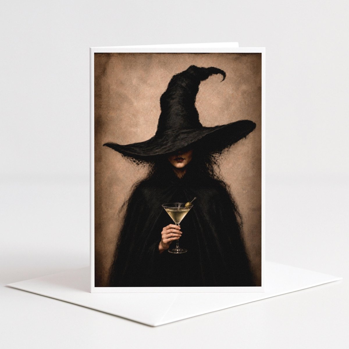 Witch in a wide black hat holding a martini glass, 5x7 blank note card by Designs by Linda Nee