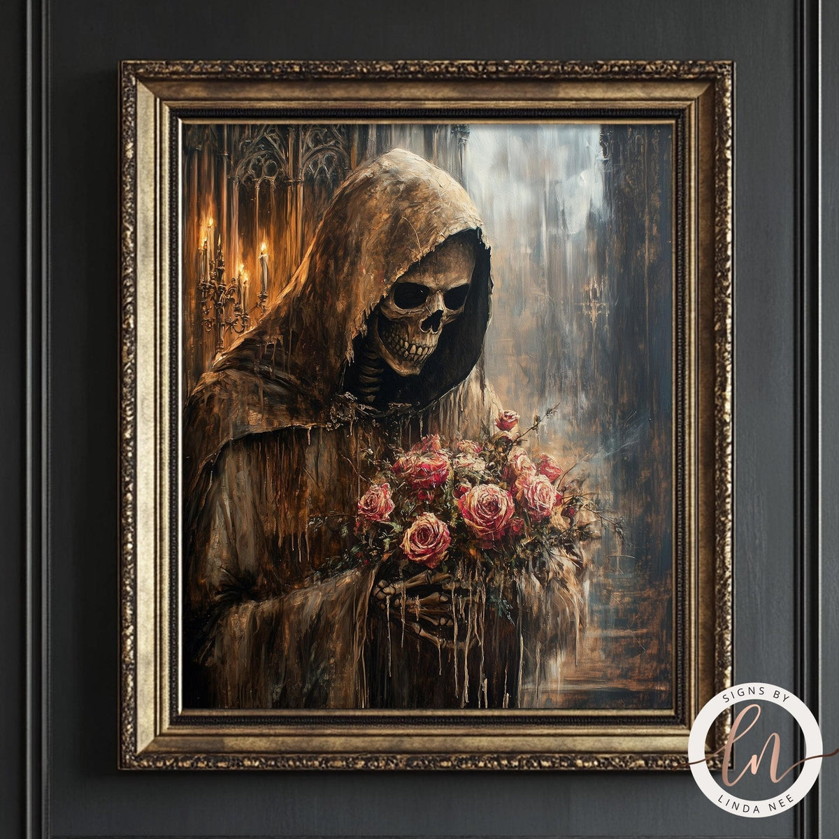 a dark, gothic-style room with a large, ornate frame containing a painting of a skeleton holding a bouquet of flowers. The room also includes a black leather armchair and a bookshelf filled with books.