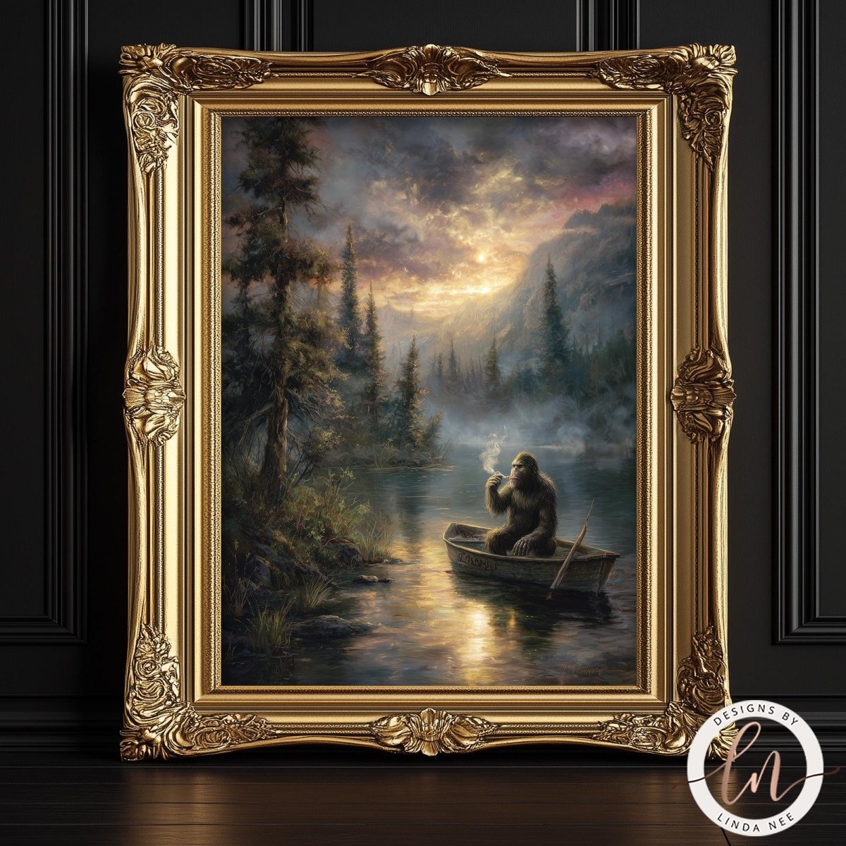 The image is a painting of a gorilla sitting in a boat on a river, surrounded by trees and a cloudy sky.