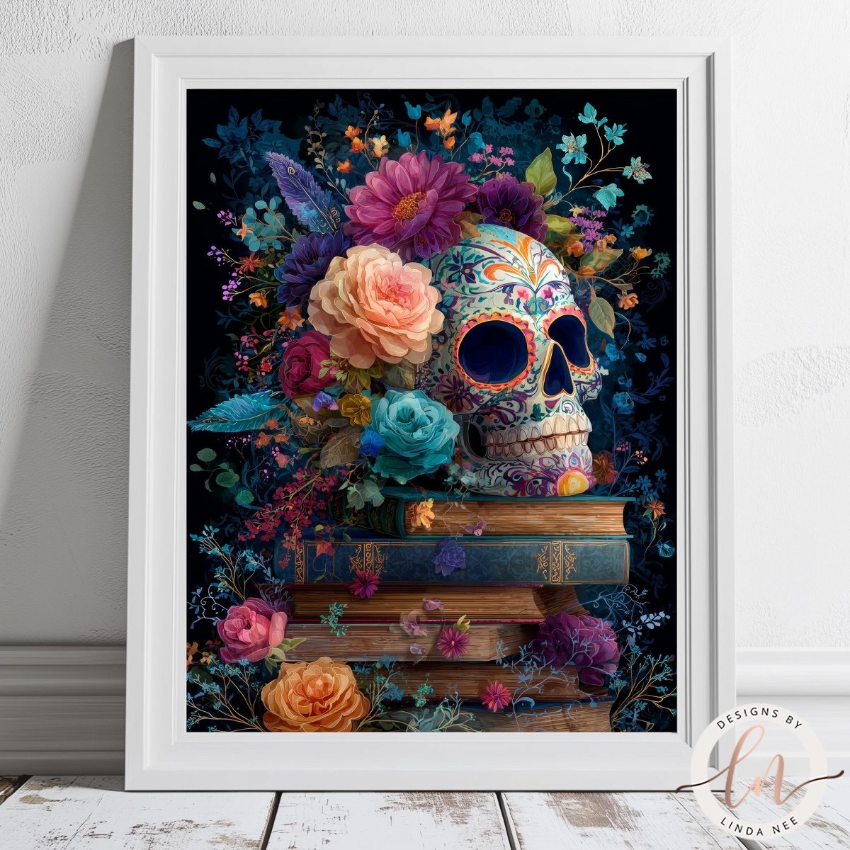 A framed artwork depicting a colorful and intricate skull surrounded by a vibrant floral arrangement, with books and flowers in the background.