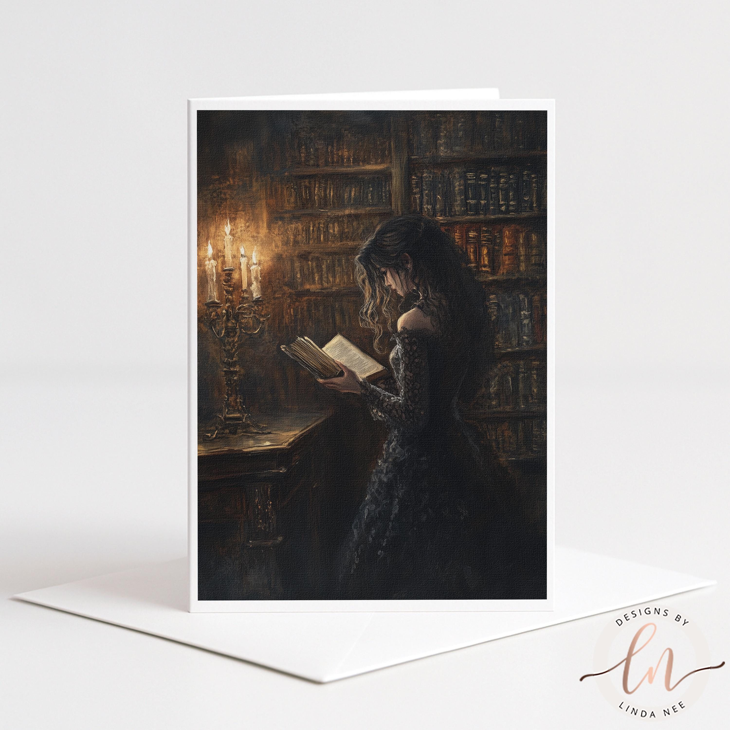 A woman in a long black dress is reading a book in a dimly lit room with a large bookshelf filled with books.