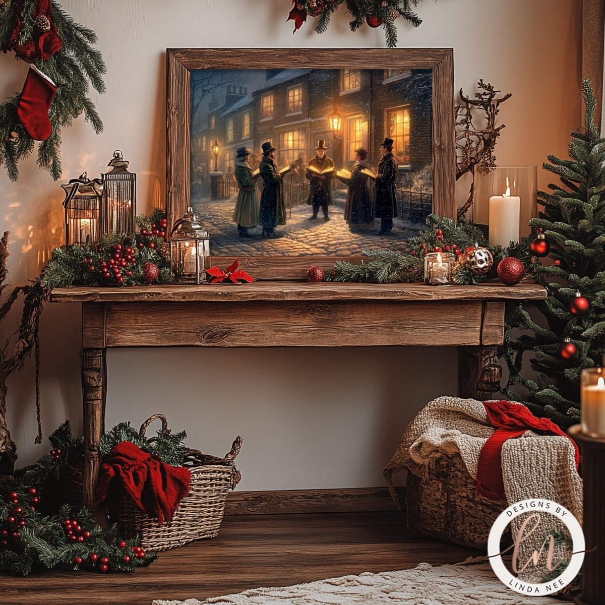 Christmas carolers art print styled with a fireplace and holiday ornaments