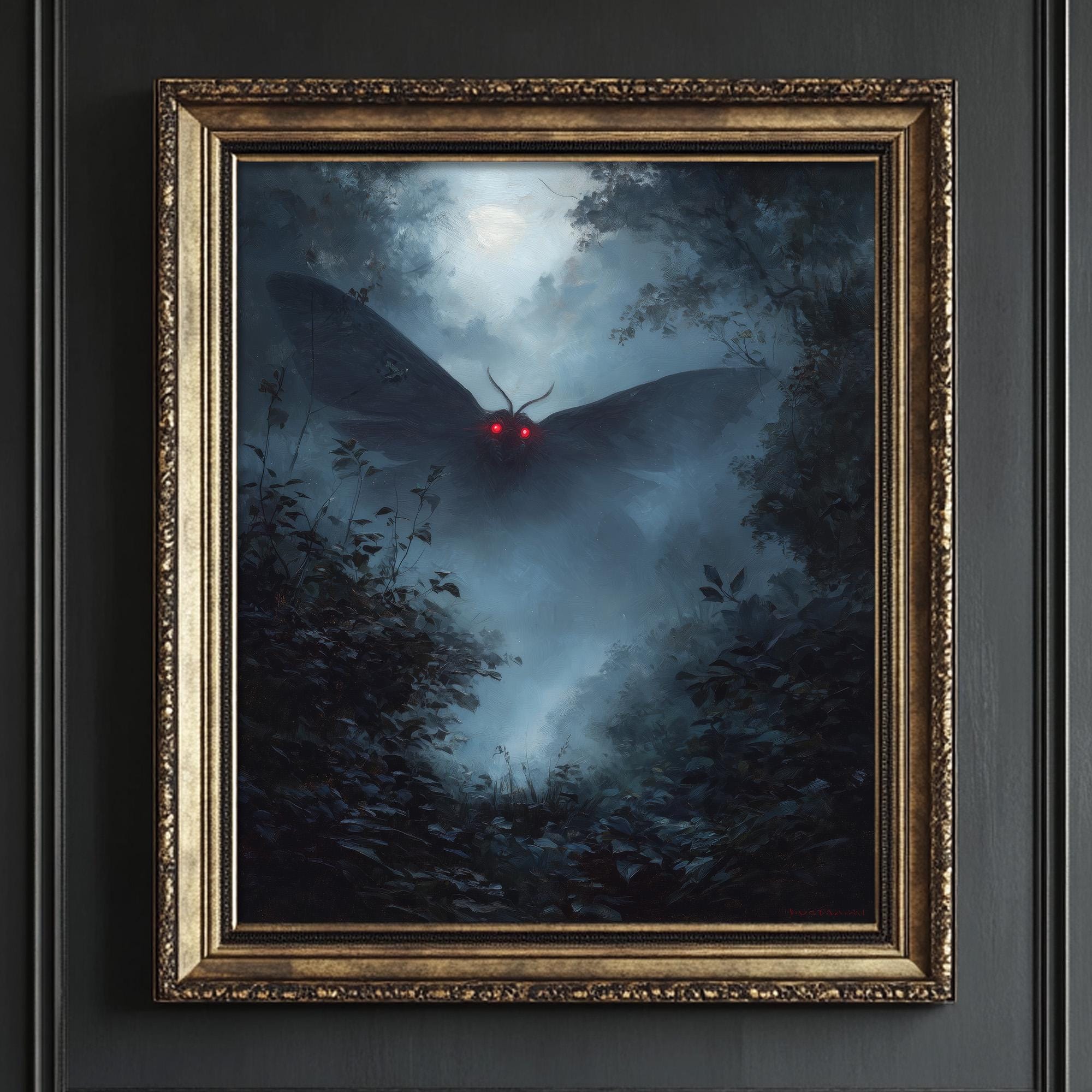 Atmospheric Mothman wall art showing a large dark winged cryptid with glowing red eyes flying through a foggy moonlit forest.