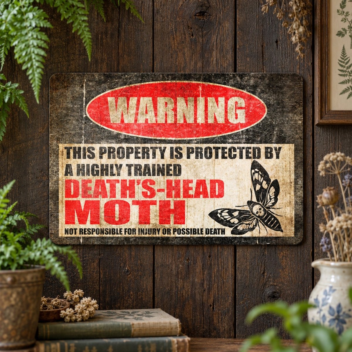 Death’s head moth metal warning sign with a not responsible for injury or possible death line under the main message