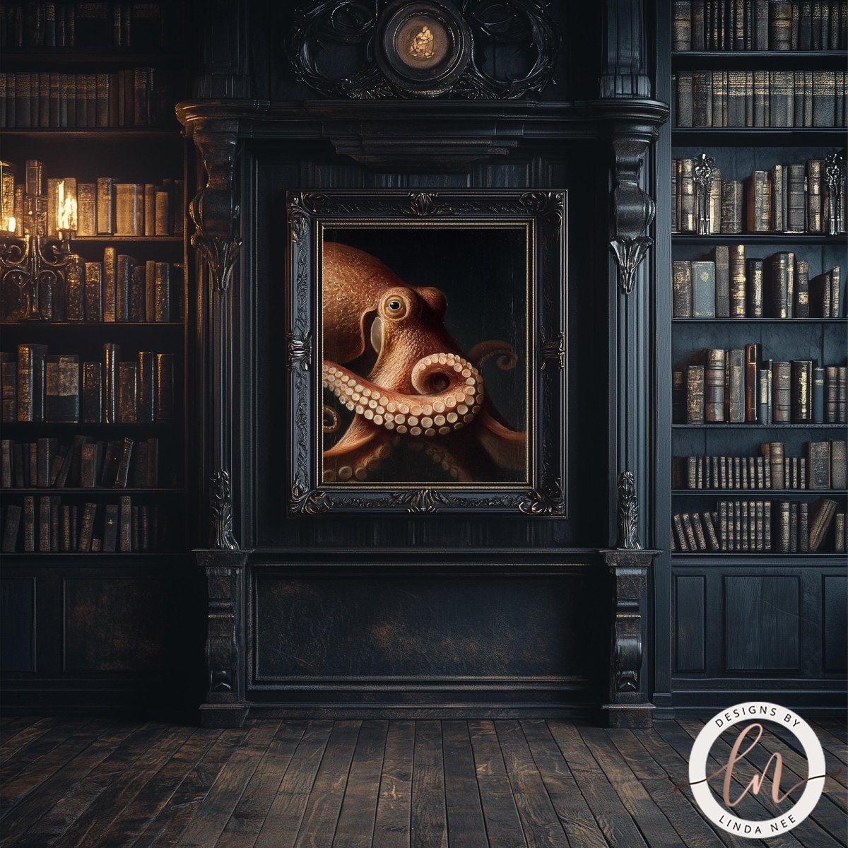 an octopus in a dark, ornate room with bookshelves and a fireplace.
