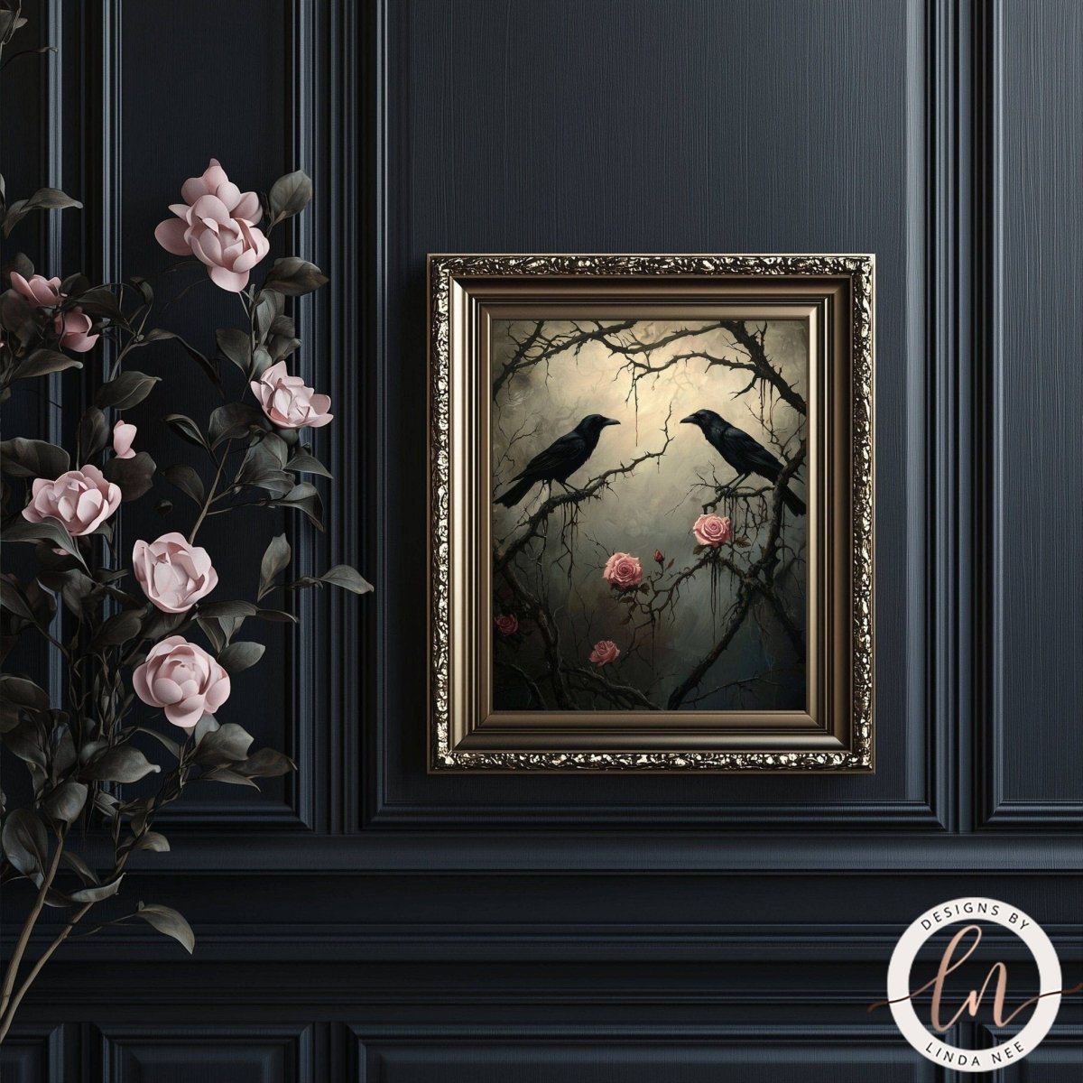 Ravens on a pink rose branch print displayed on a dark wall