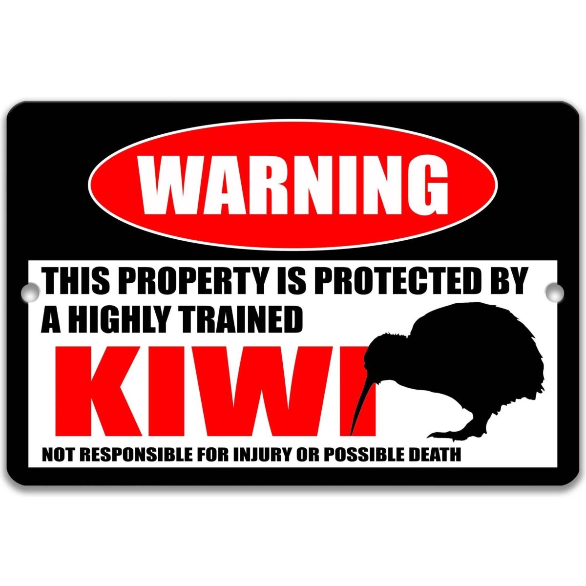 Kiwi bird warning metal sign, glossy black, red WARNING oval and round kiwi bird silhouette