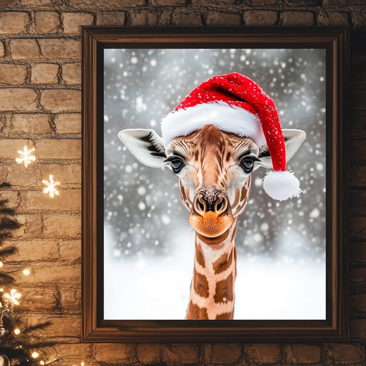 Giraffe wearing a red Santa hat with a white pom pom against a snowy background