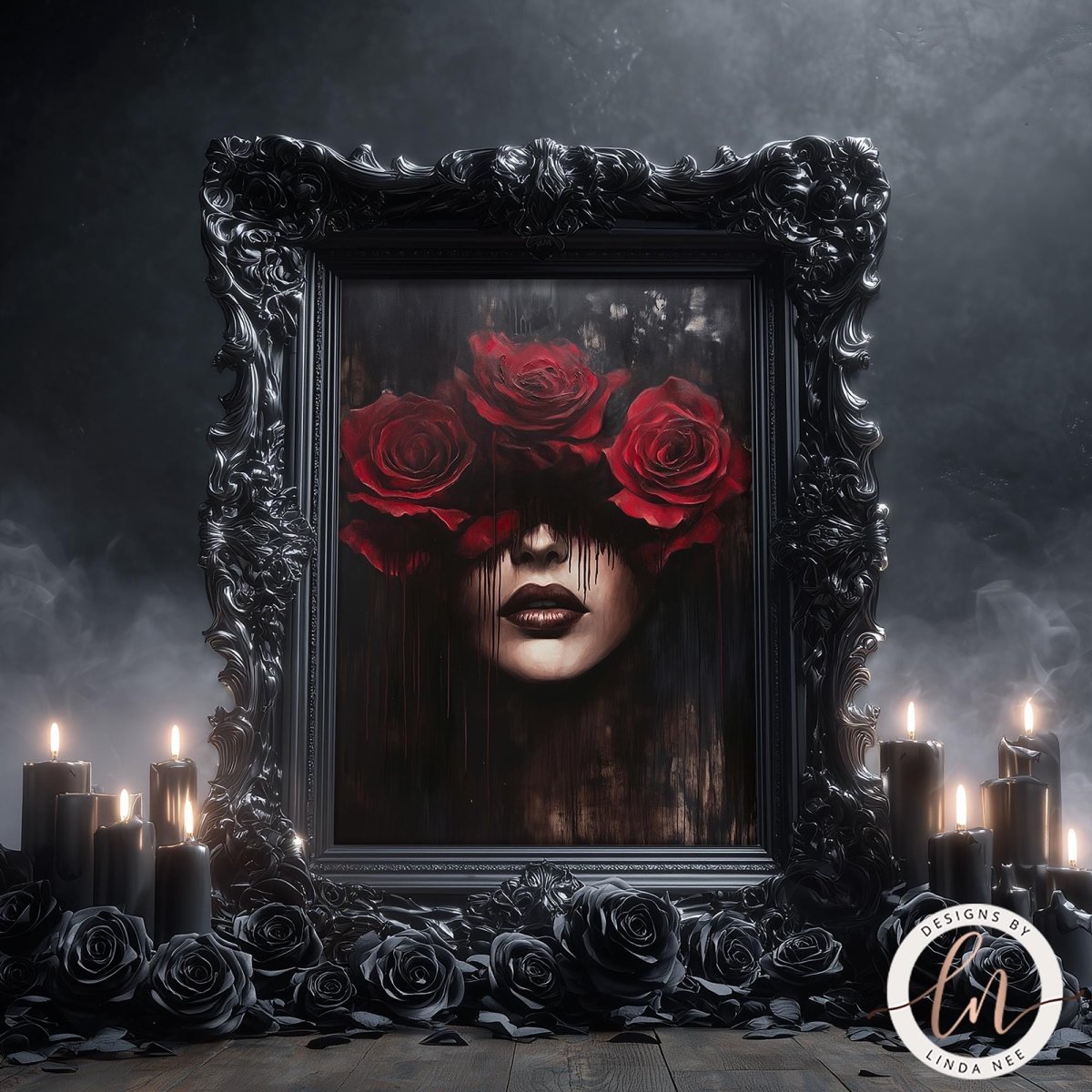 a dark, moody scene with a central black ornate frame containing a portrait of a woman's face partially obscured by red roses. Surrounding the frame are black candles and rose petals, creating a sense of mystery and eeriness.