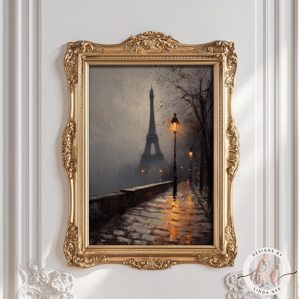 The image is a painting of the Eiffel Tower in Paris, France, with a foggy and atmospheric background.