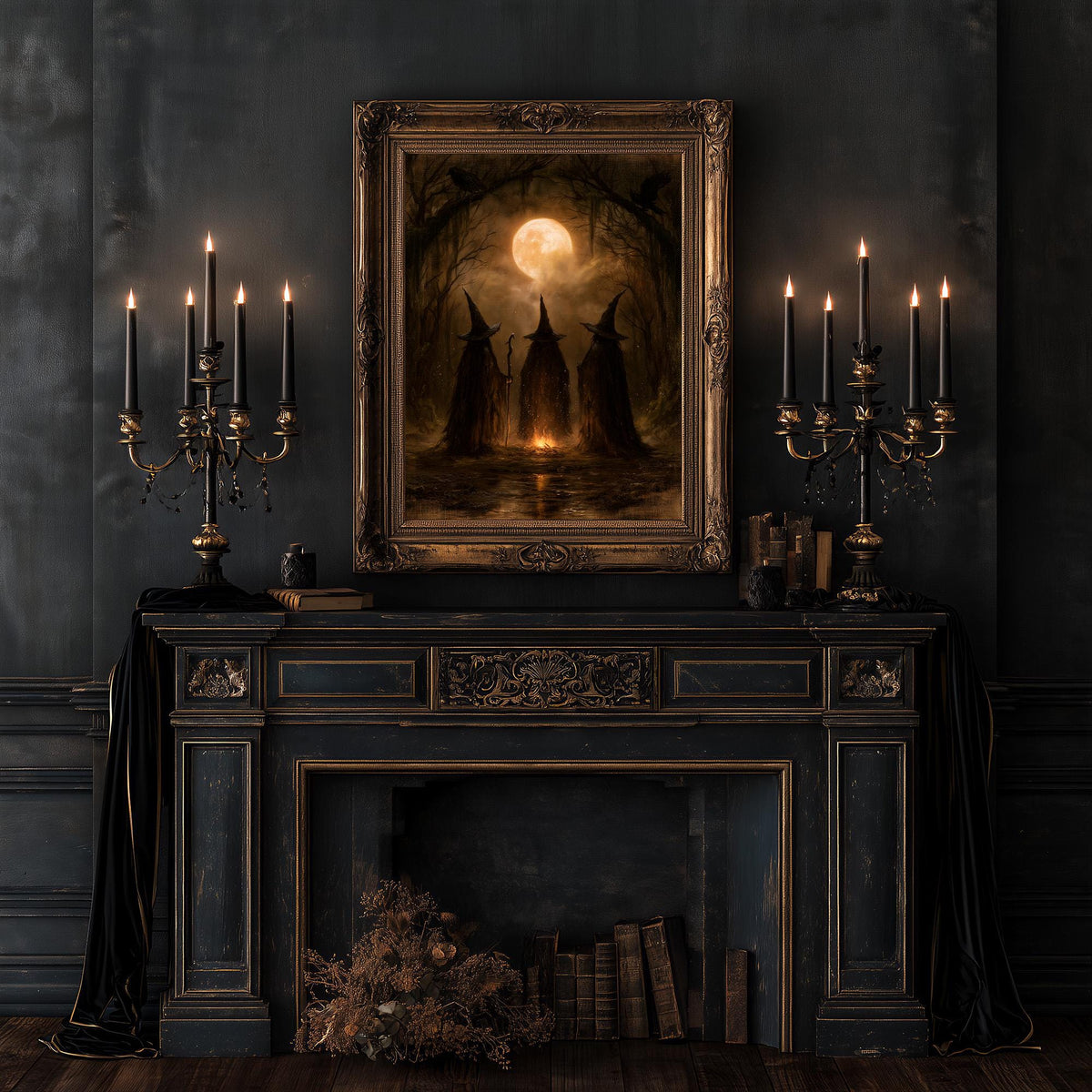 Gothic room with twin candelabra flanking the fireplace and the coven artwork
