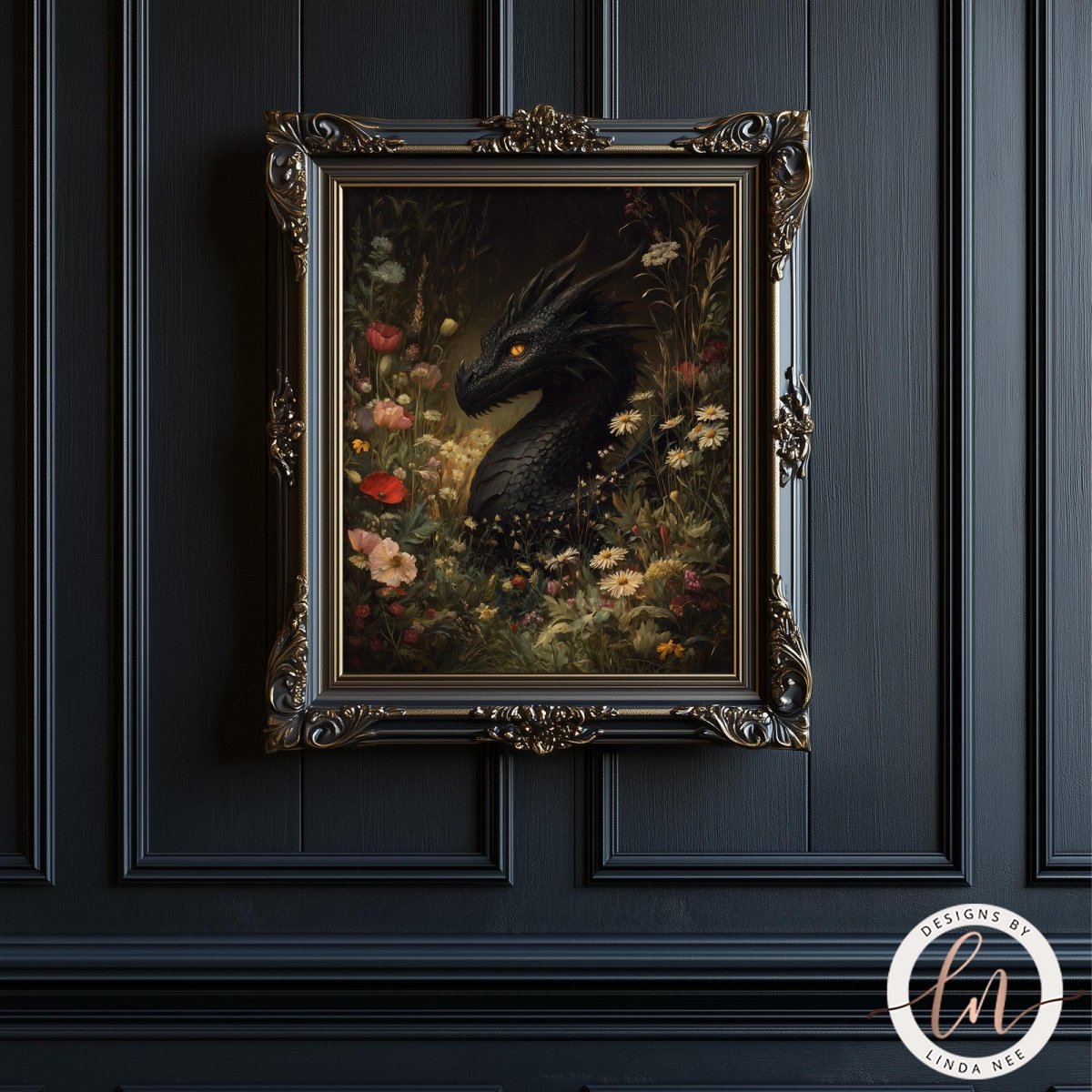 a framed painting of a black dragon surrounded by a lush garden filled with flowers.