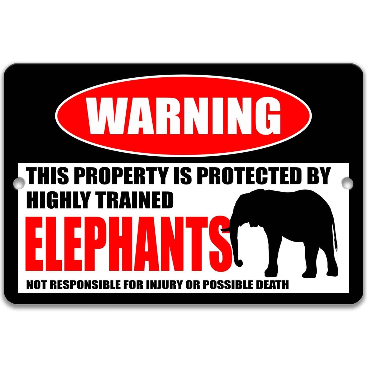 Elephant warning metal sign, glossy black, red WARNING oval and elephant silhouette