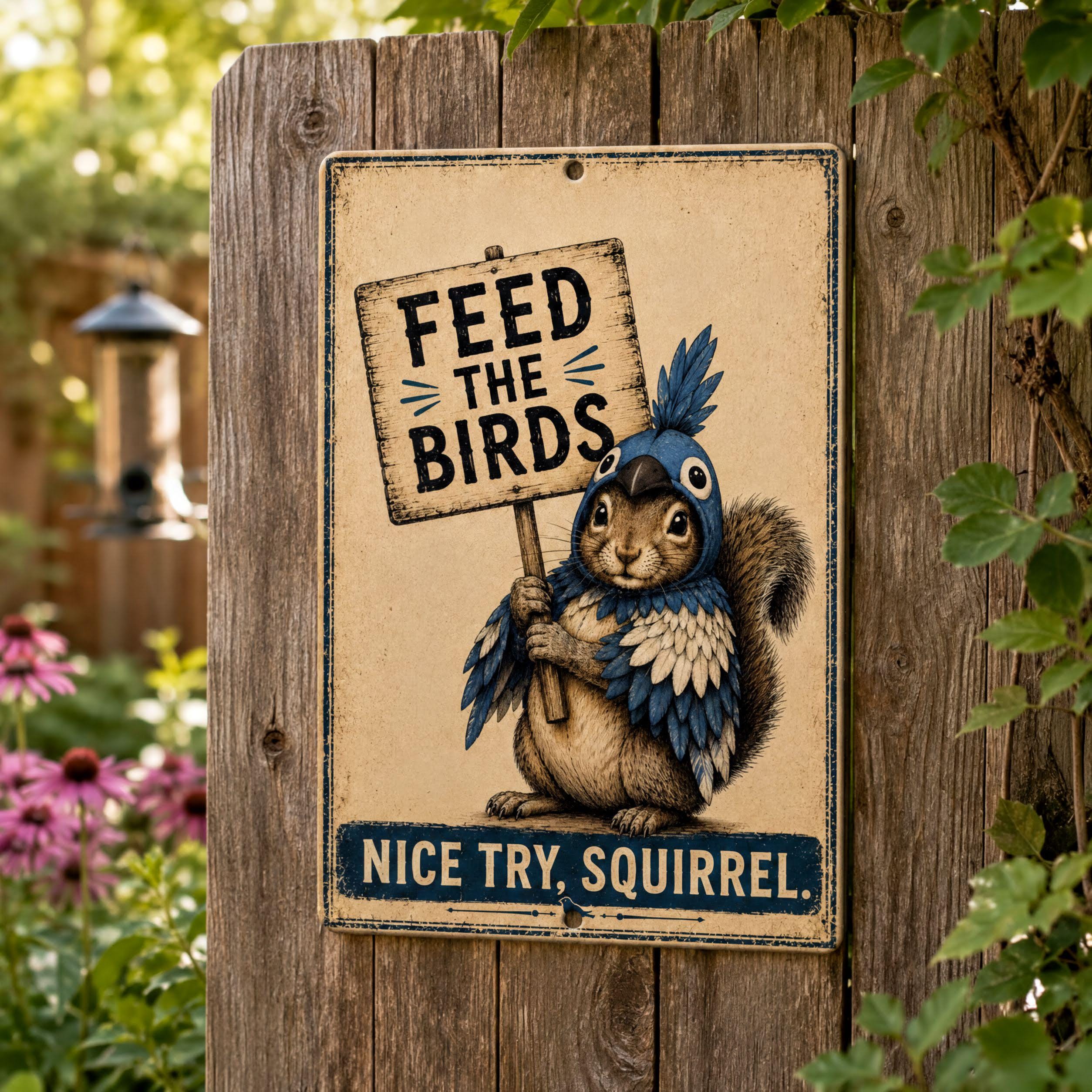 A sign with a cartoon squirrel holding a sign that says "Feed the Birds" and "nice try, squirrel."