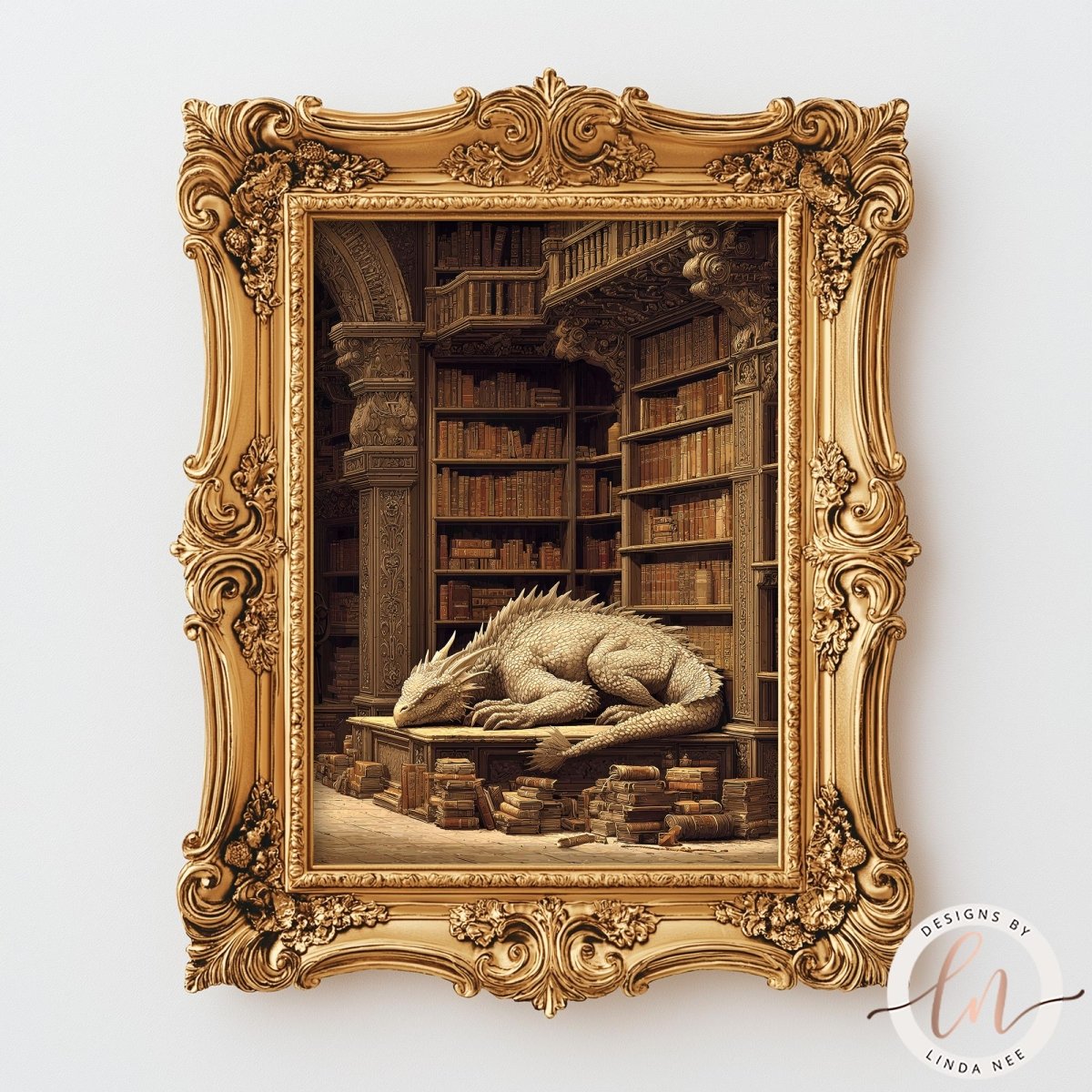 A large, ornate gold frame containing an image of a sleeping dragon resting on a table surrounded by books.