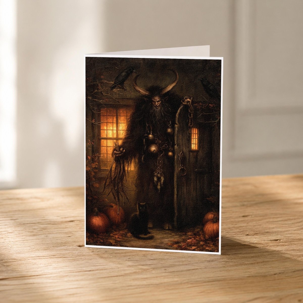 Krampus at the cottage door 5x7 Halloween note card front