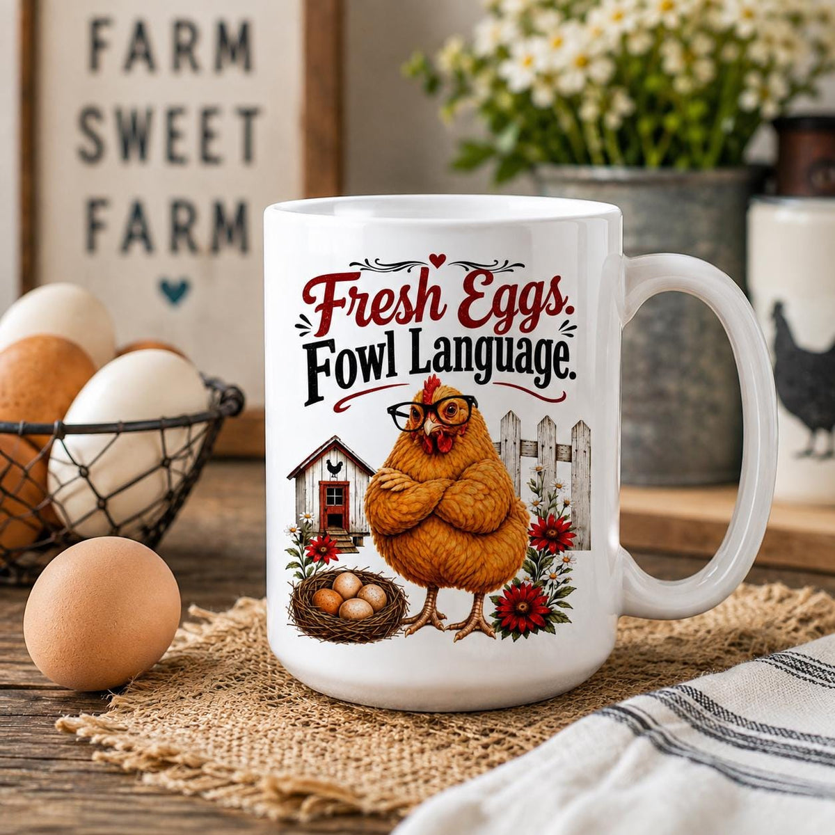 Chicken mug on a burlap mat with brown and white eggs in a wire basket, daisies and a Farm Sweet Farm sign