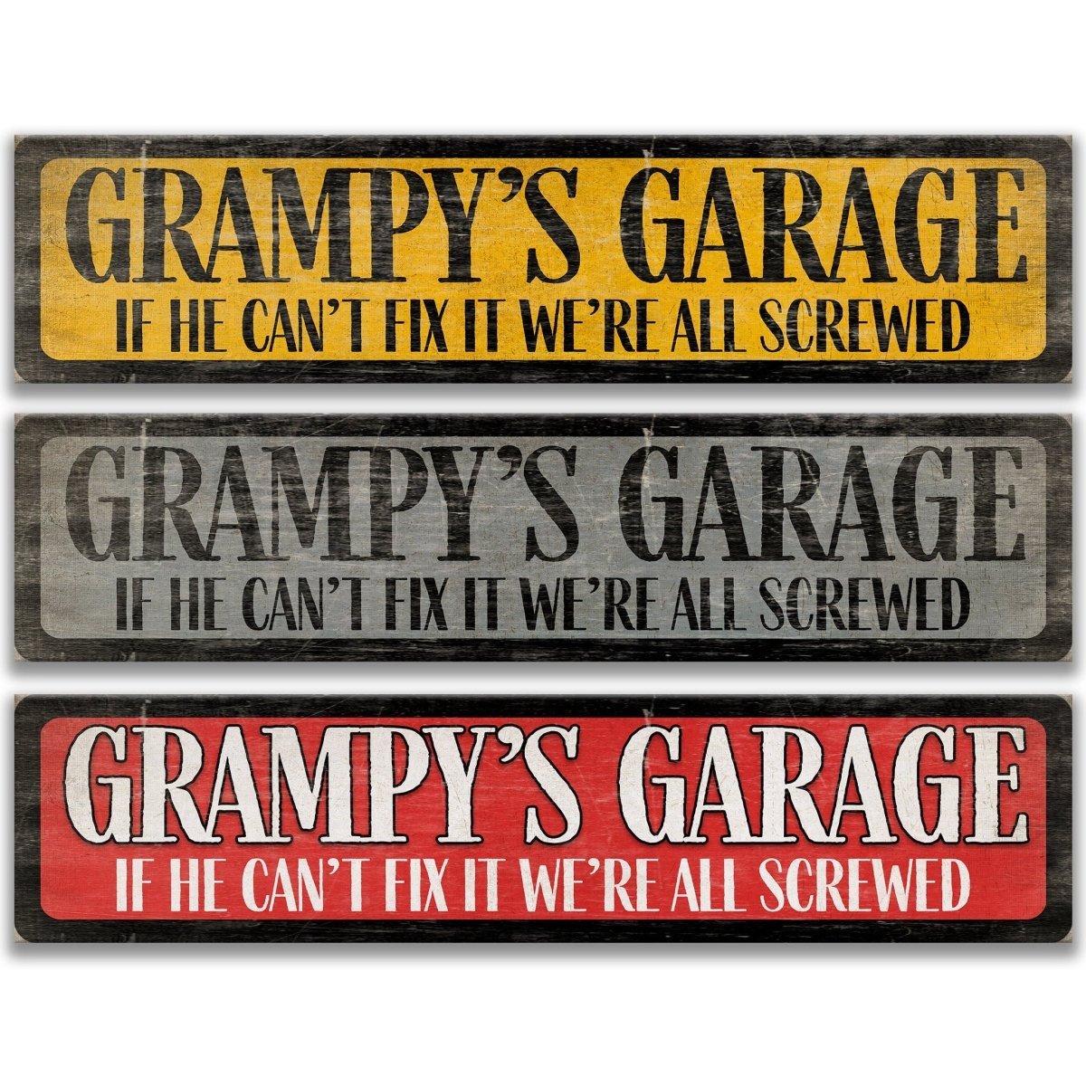 three signs with humorous text, likely intended to be humorous or playful.