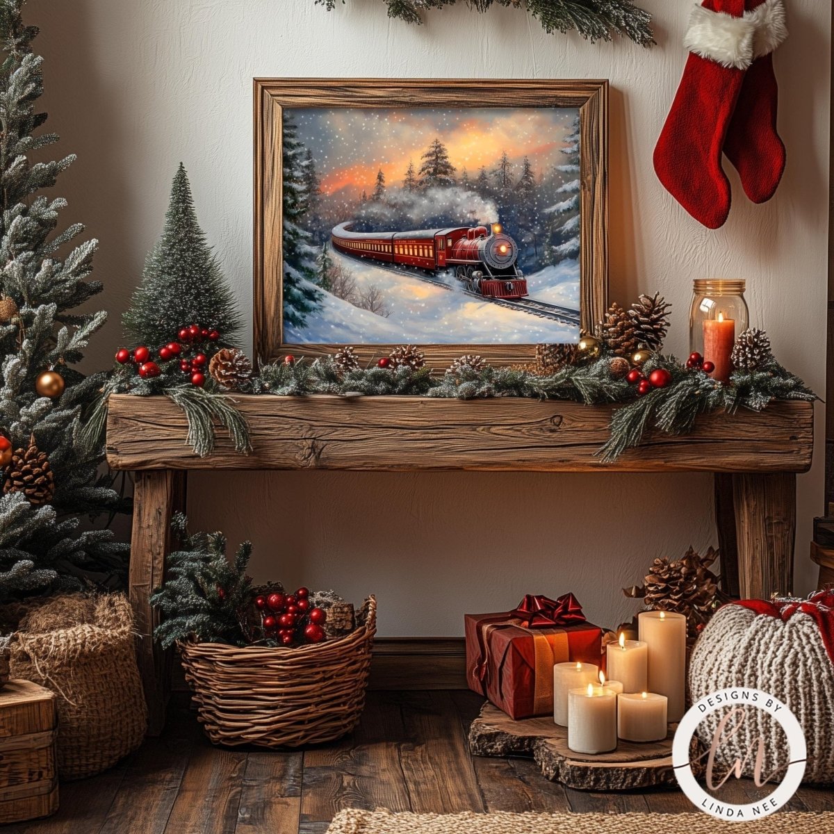 a cozy Christmas scene with a framed painting of a red train traveling through a snowy landscape, surrounded by pine trees, red berries, and a wicker basket filled with presents. The room is decorated with Christmas trees, stockings, and candles, creating a warm and festive atmosphere.