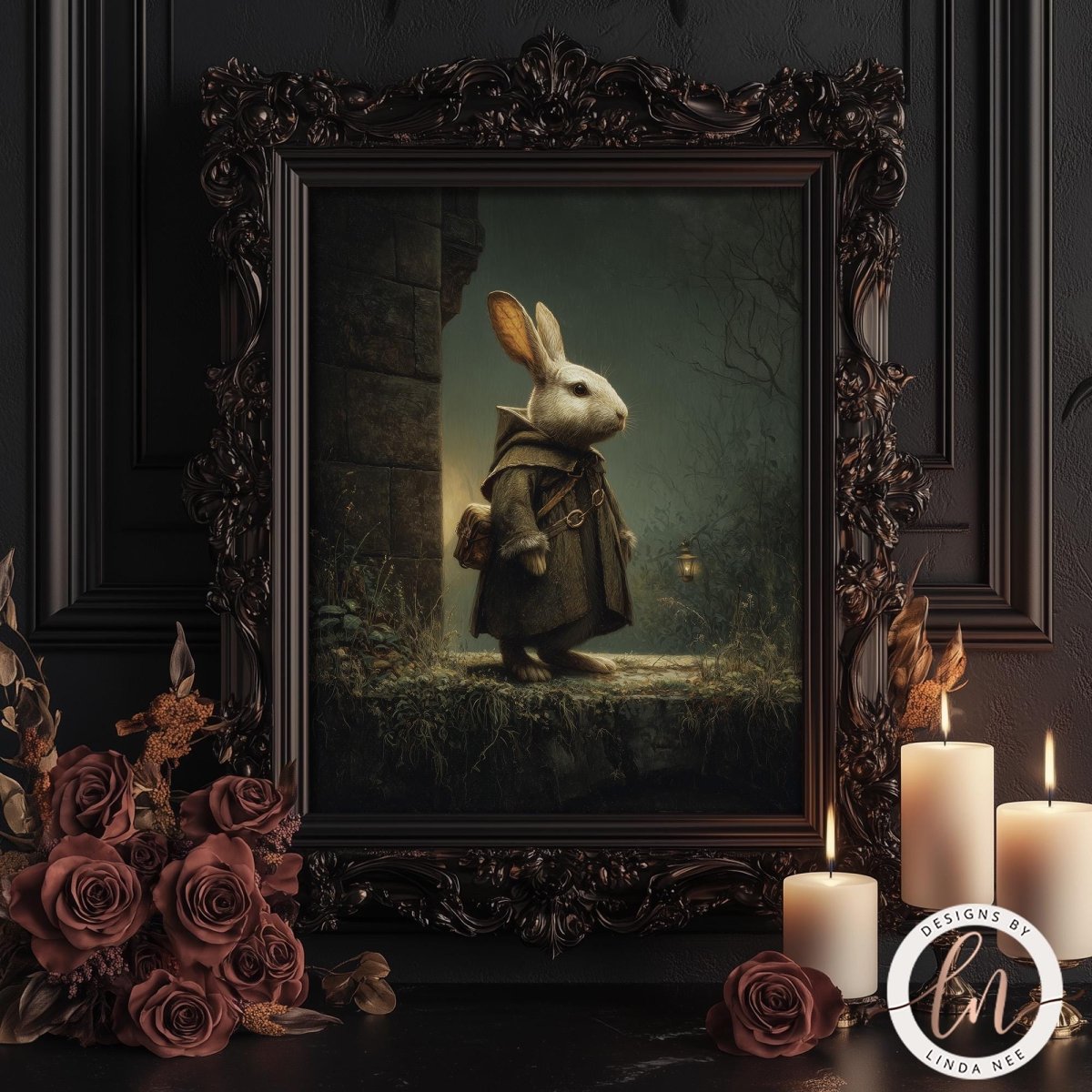 a painting of a rabbit wearing a coat and standing on a ledge, surrounded by candles and roses.