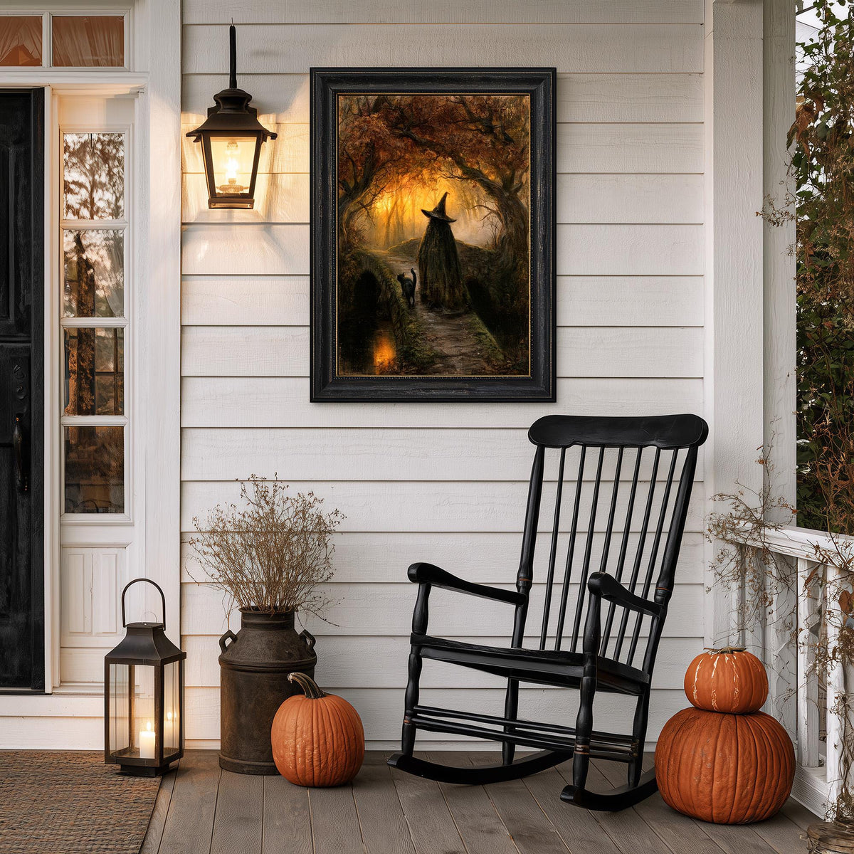 Witch and black cat print on a porch wall with a rocking chair, pumpkins, and a lantern