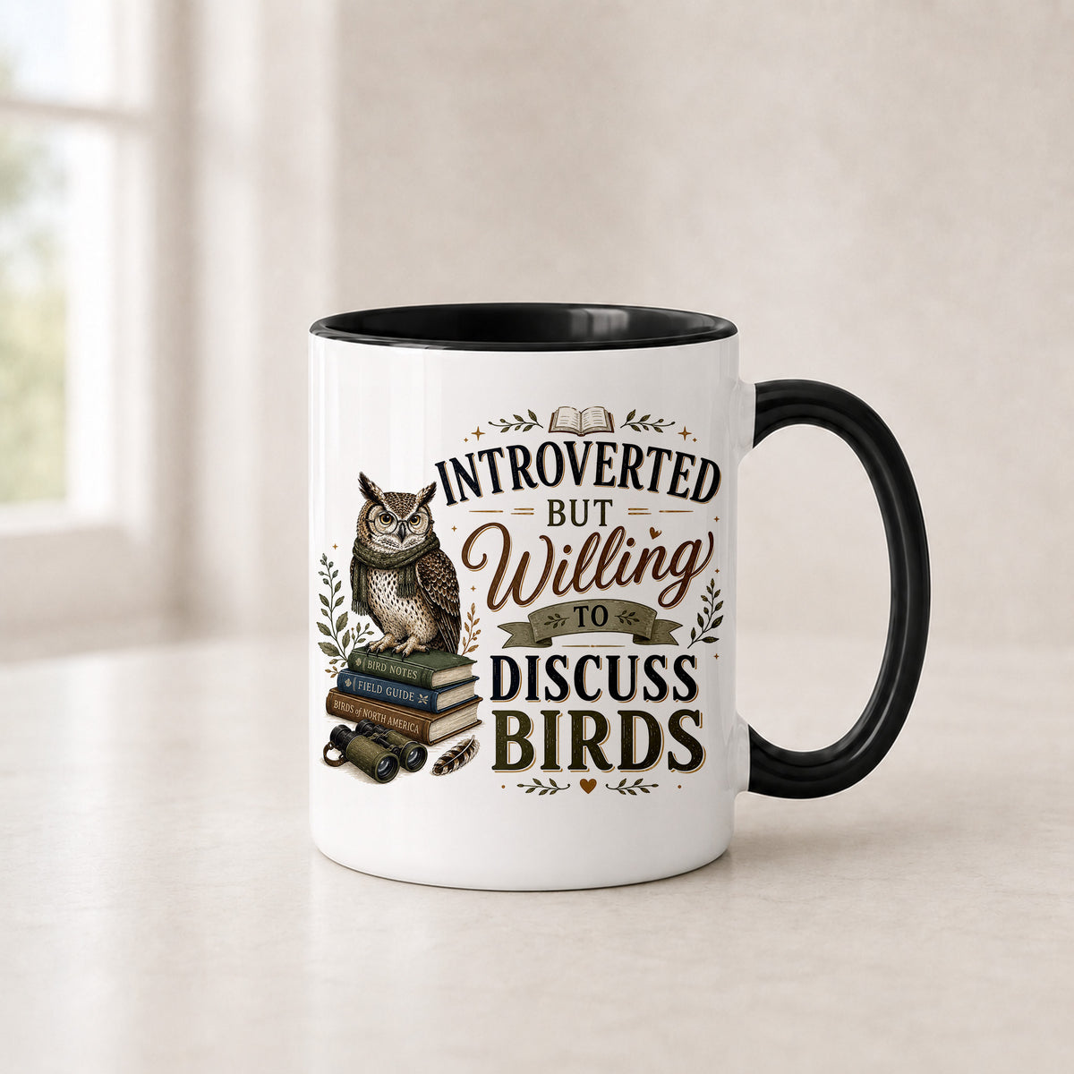 Introverted bookish owl mug in the 11 oz black handle version with a black interior, on a light counter