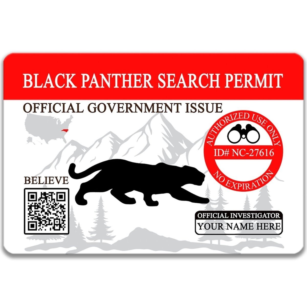 The image is a search permit for the Black Panther, featuring a silhouette of a panther and mountains in the background.